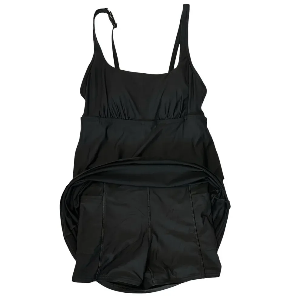 Lands' End Chlorine Resistant Swim Dress Black Hidden Shorts Size 4